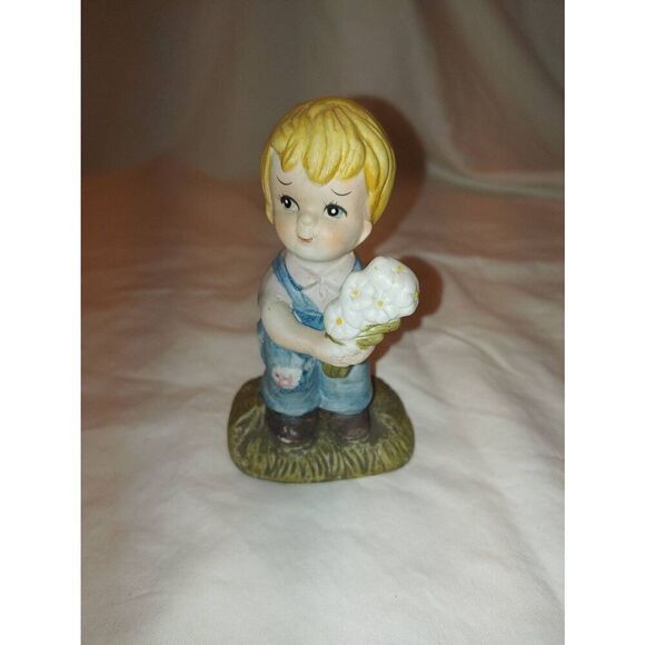 Vintage Porcelain Boy With Flowers Figurine - Picture 1 of 11